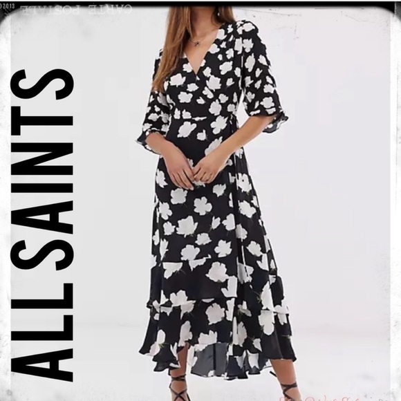 All Saints Dresses & Skirts - 𝅺allsaints Delana Caro Black & White Floral Wrap Dress w/Ruffle Sleeve & Hem